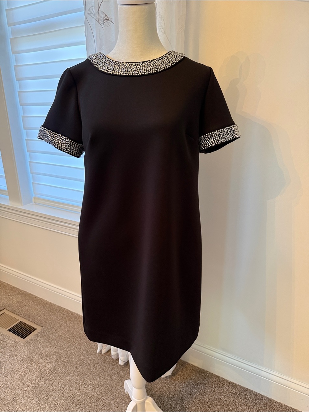 Calvin Klein Black Short Sleeve Shift Dress with Beaded Trim